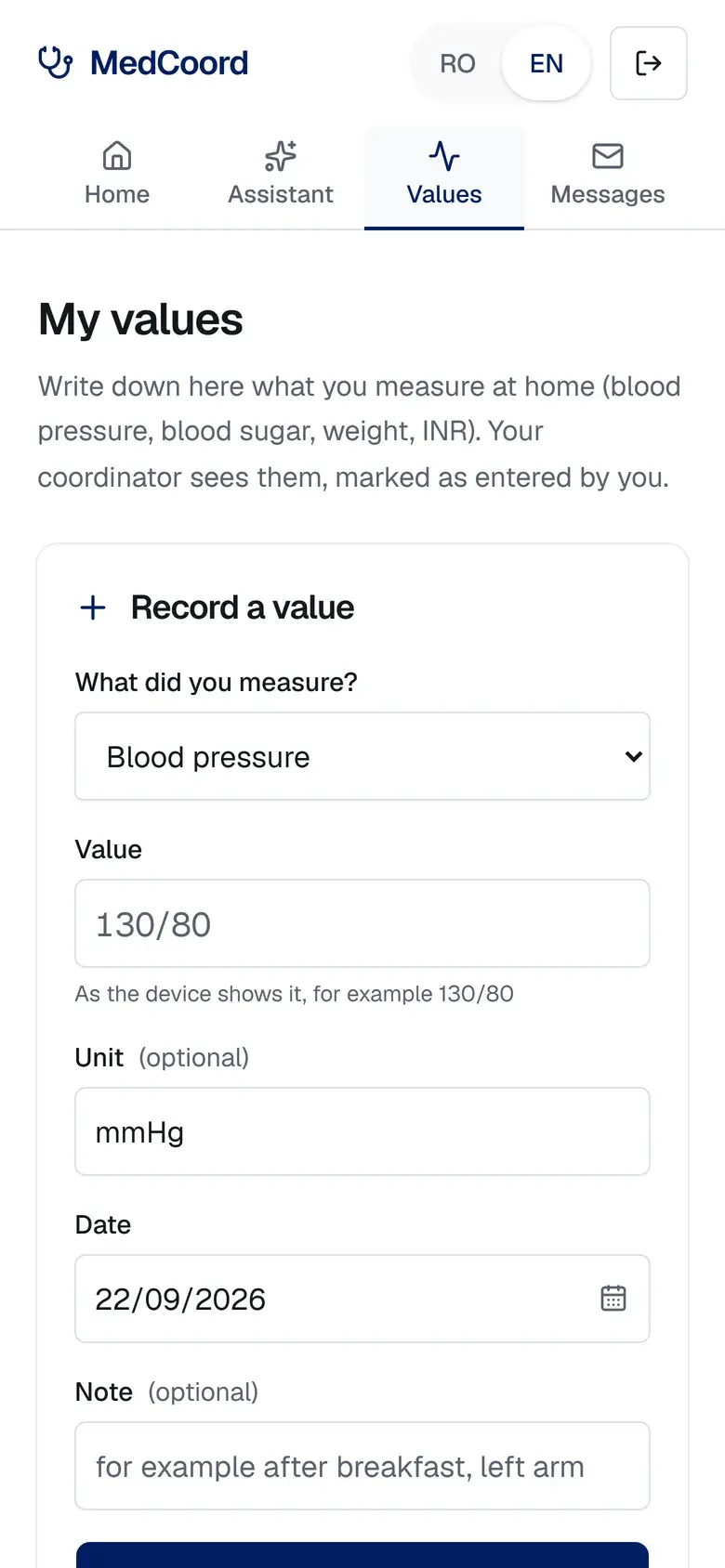 Values measured at home: blood pressure, blood sugar, weight, INR.
