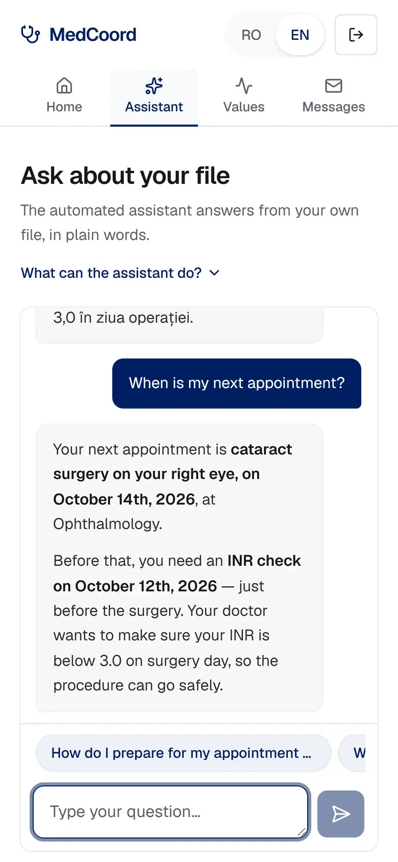 Questions about the file, answered from the file and sent on to the doctor.