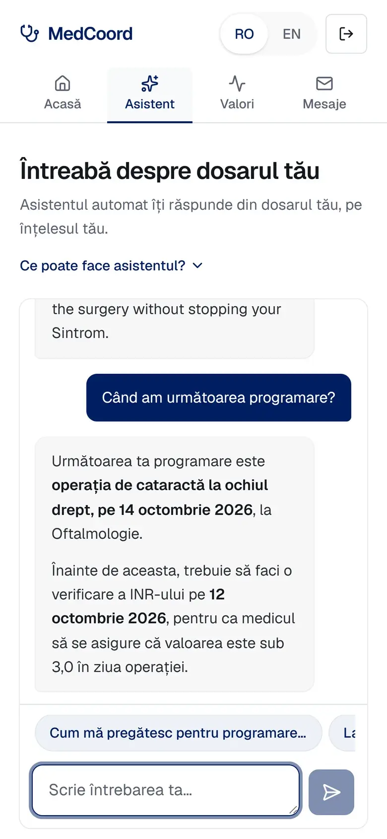 Întrebări despre dosar, cu răspuns din dosar și trimitere la medic.