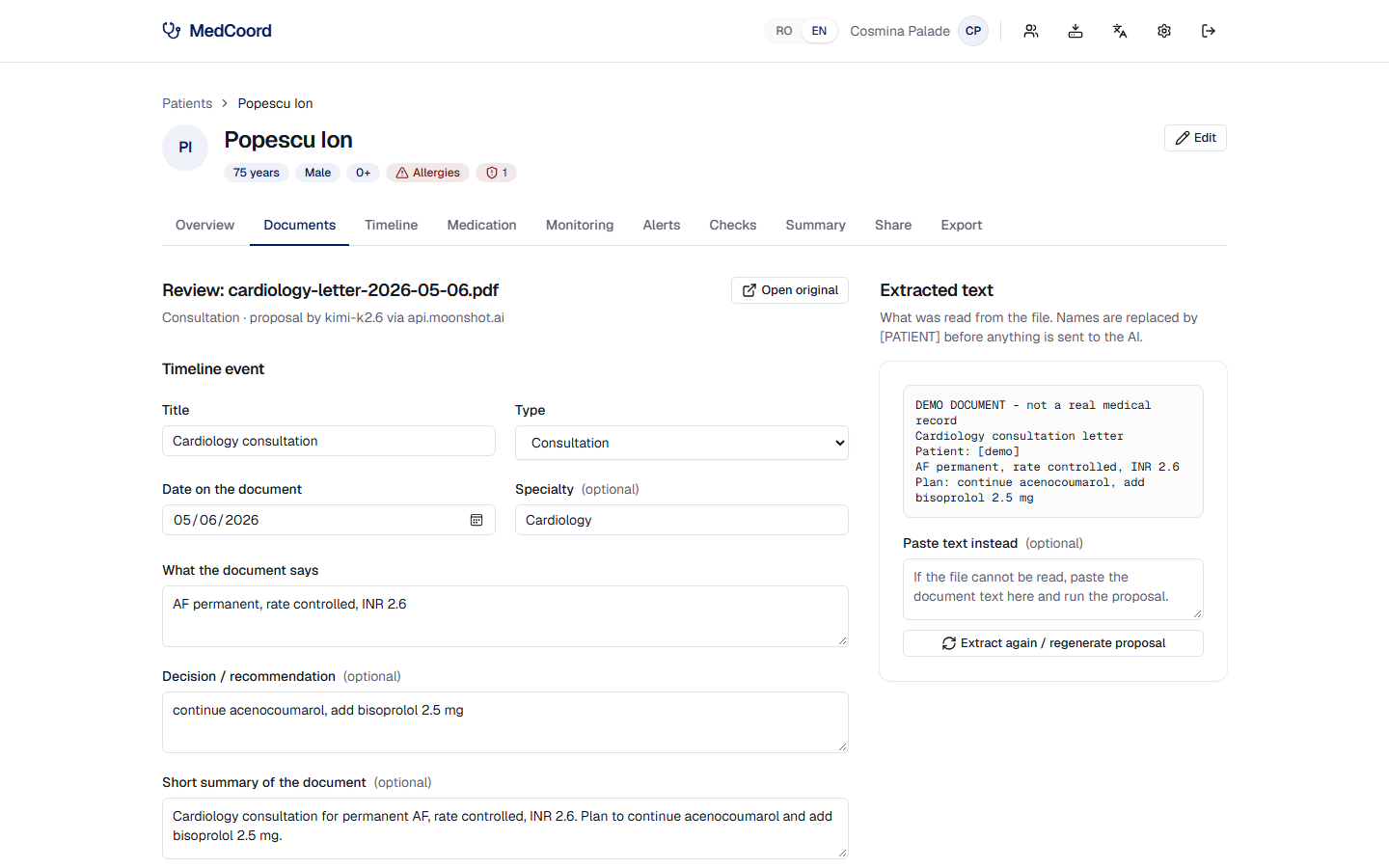 A document read automatically, with the proposal you confirm