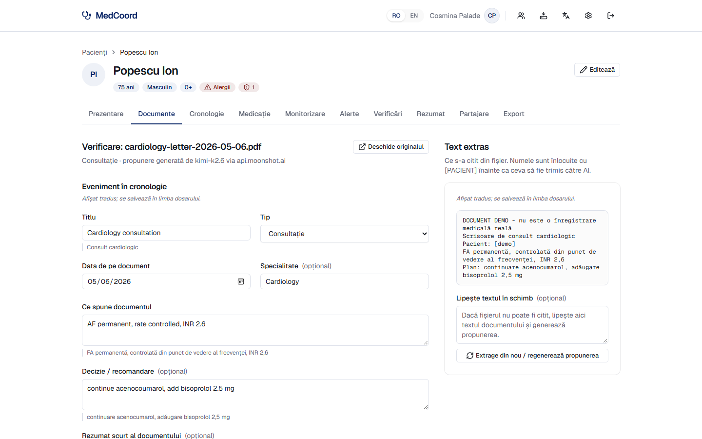Un document citit automat, cu propunerea pe care o confirmi